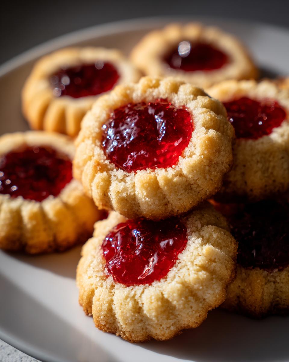 A stack of golden, buttery raspberry thumbprint cookies with bright red jam centers on a white plate.