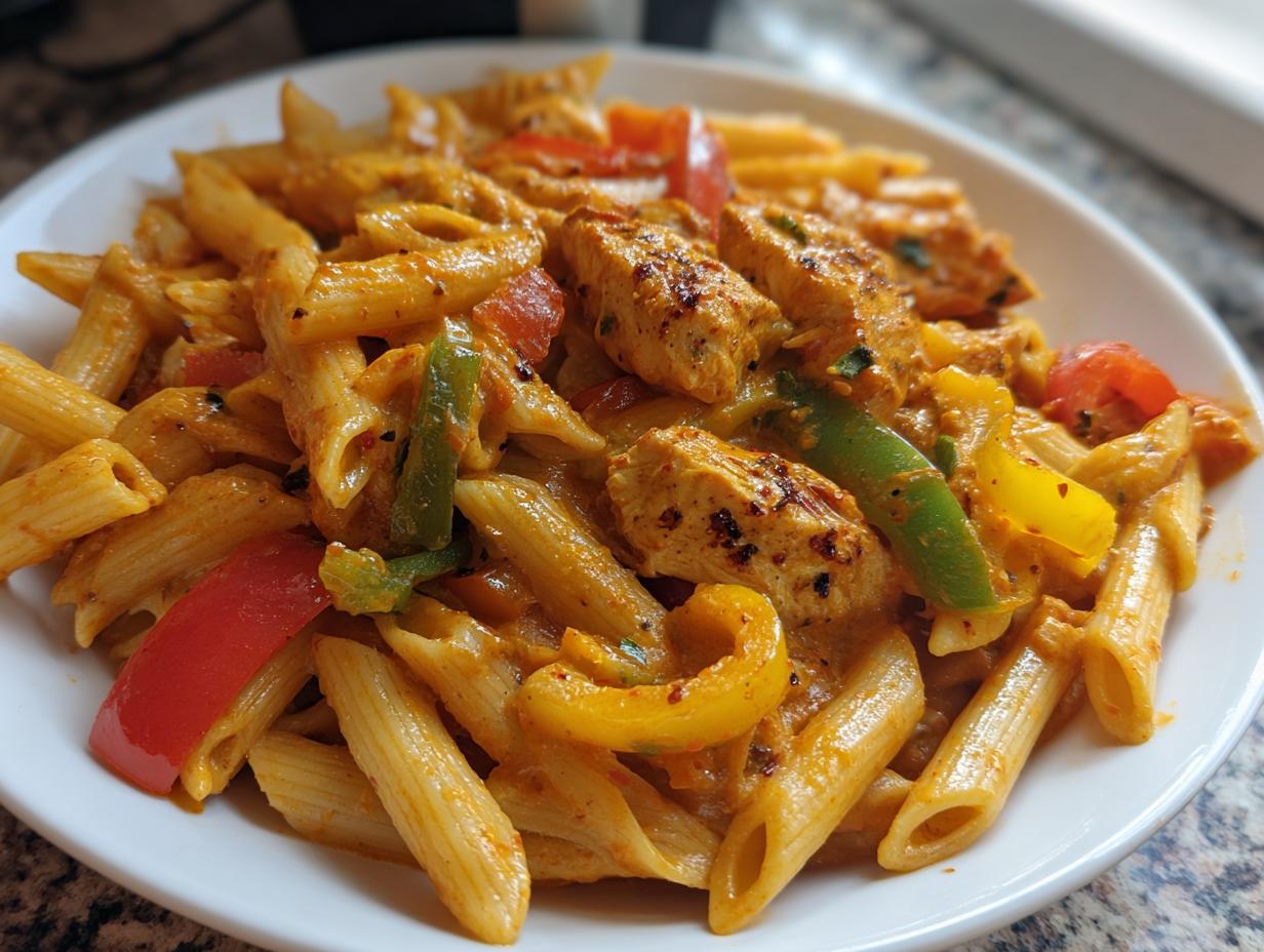 Close-up of a serving of Rasta Pasta featuring penne, seasoned chicken chunks, and colorful bell peppers in a creamy sauce.