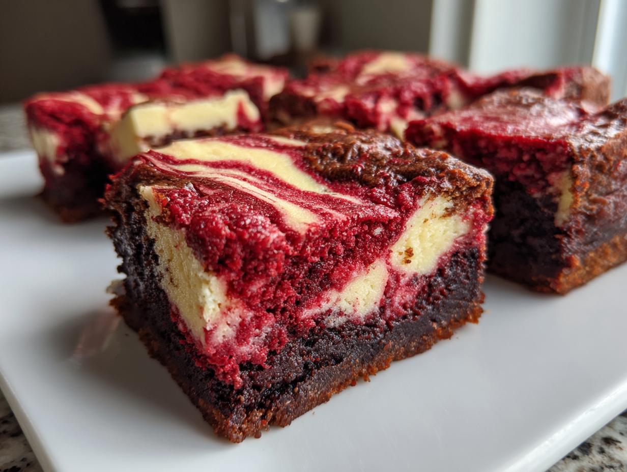 A rich, dark brownie base topped with vibrant red velvet and cream cheese swirl in these red velvet cheesecake brownies.