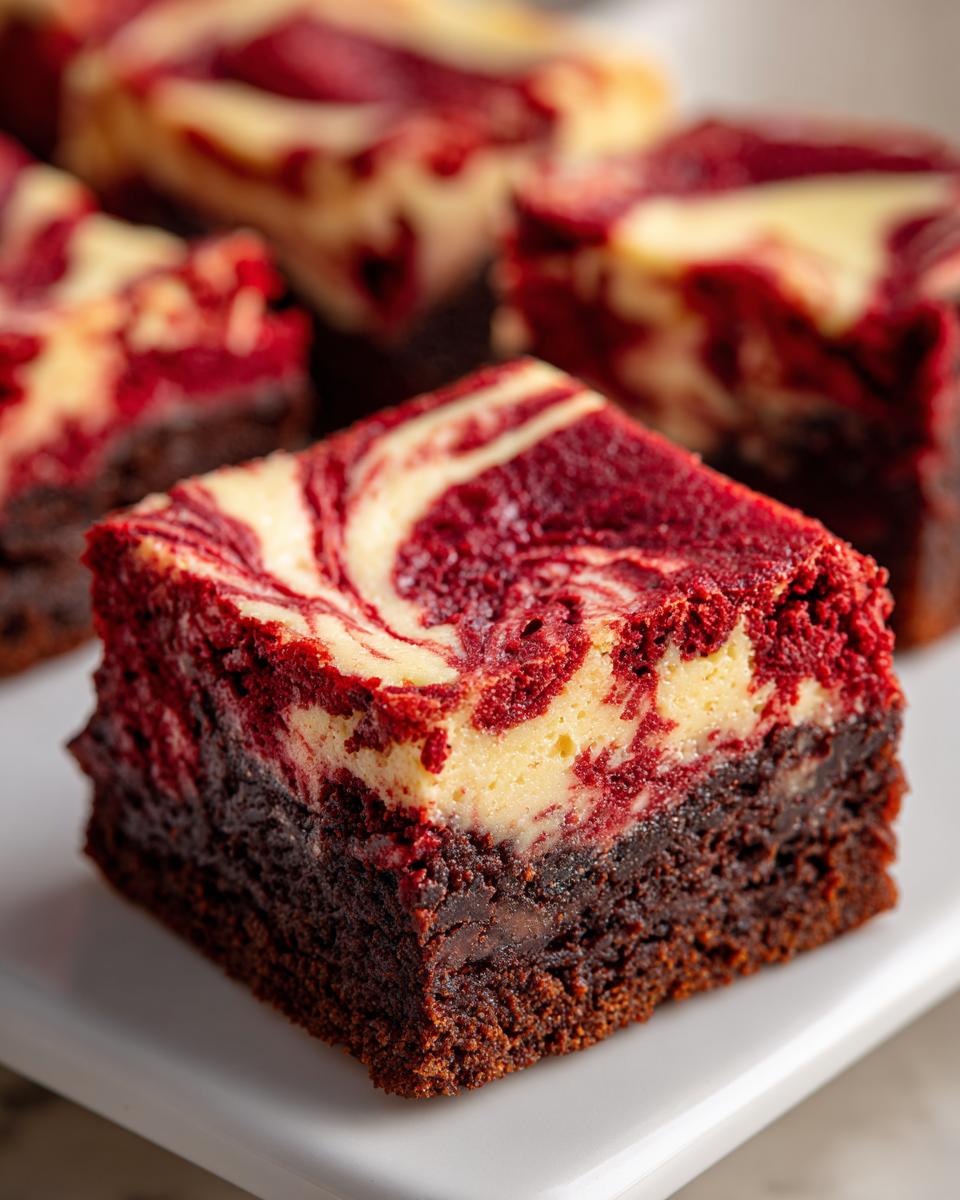 A close-up of a rich, fudgy red velvet cheesecake brownies square with a marbled red and cream cheese topping.