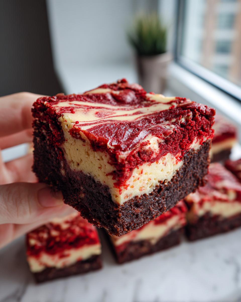 A hand holding up a rich, layered red velvet cheesecake brownie square with a marbled top.