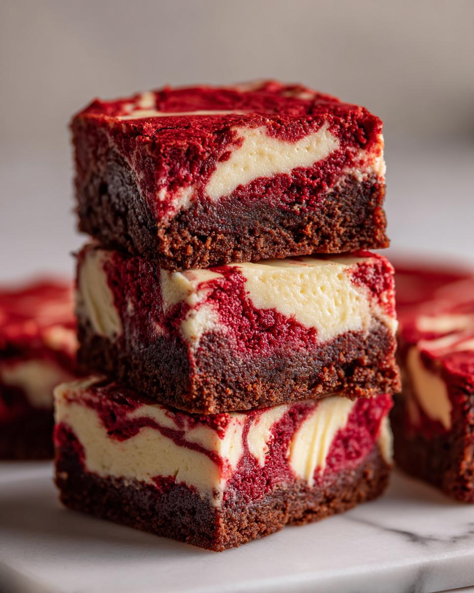A stack of three fudgy red velvet cheesecake brownies showing rich red cake swirled with cream cheese filling.