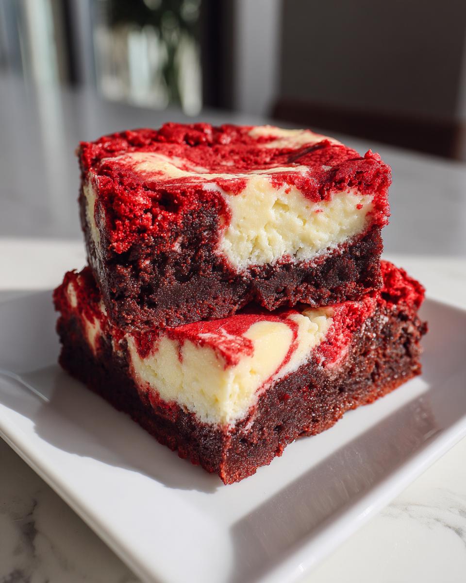 Two stacked squares of rich red velvet cheesecake brownies with a bright cream cheese swirl on top.