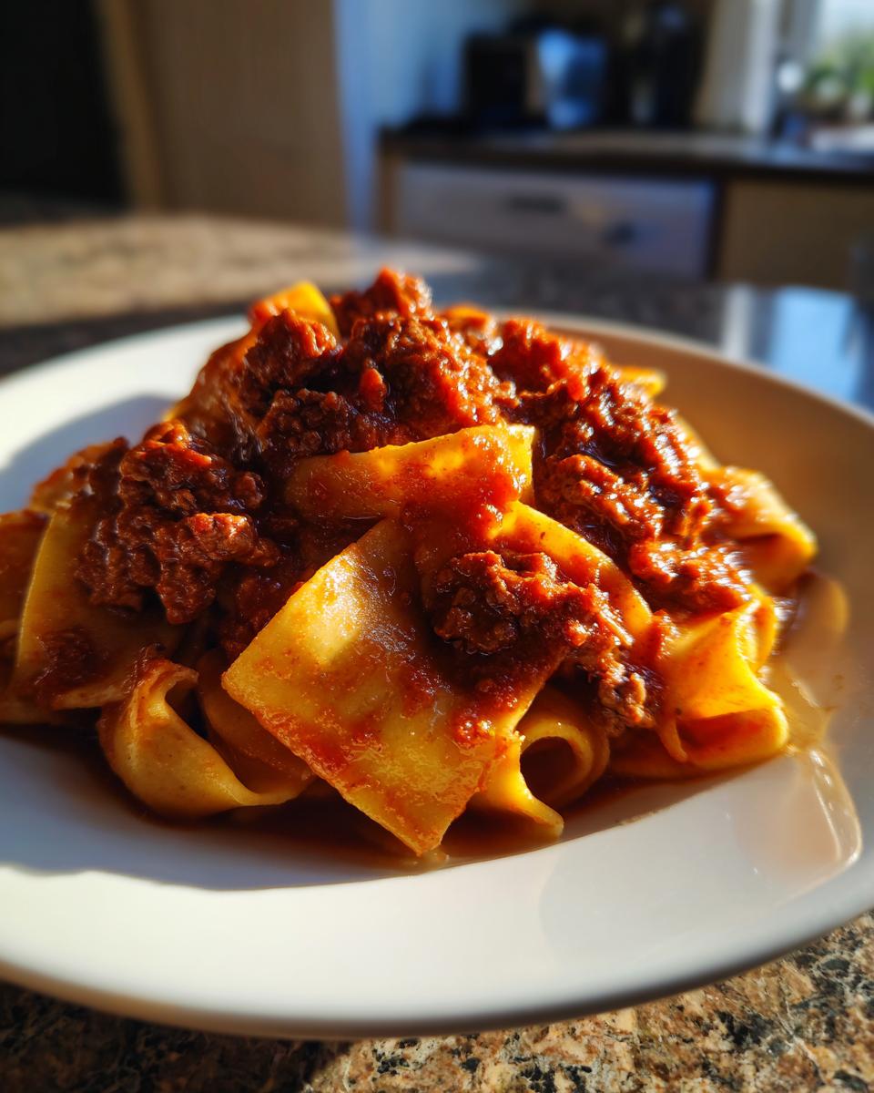 Close-up of thick pappardelle pasta generously topped with rich, slow-cooked bolognese sauce.