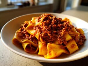 A close-up of wide, fresh pasta topped generously with rich, slow-cooked bolognese sauce in a white bowl.