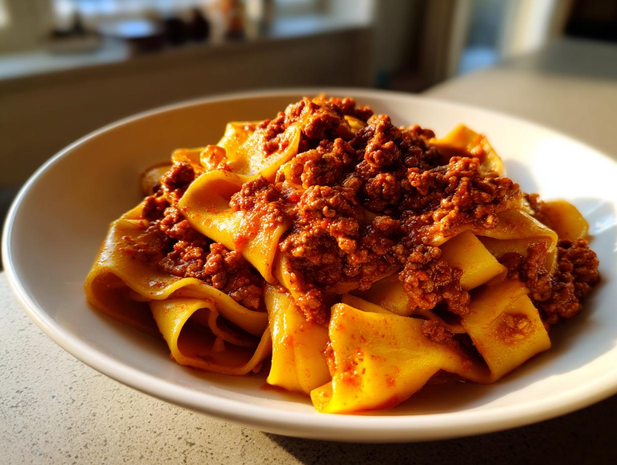 A close-up of wide, fresh pasta topped generously with rich, slow-cooked bolognese sauce in a white bowl.