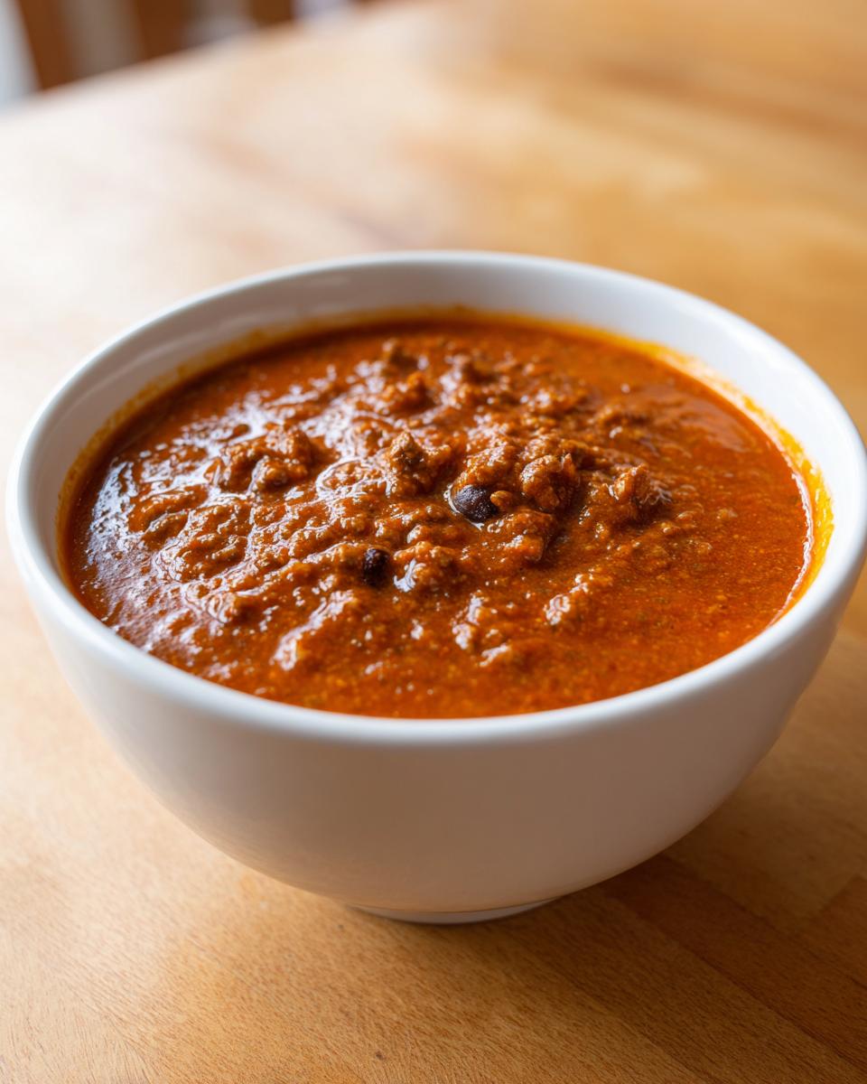 Close-up of a white bowl filled with rich, thick pumpkin chili on a wooden table.