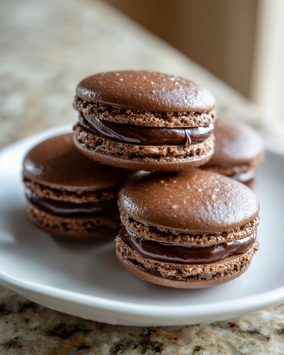 A stack of four rich, dark chocolate macarons with glossy filling, showcasing perfect feet.