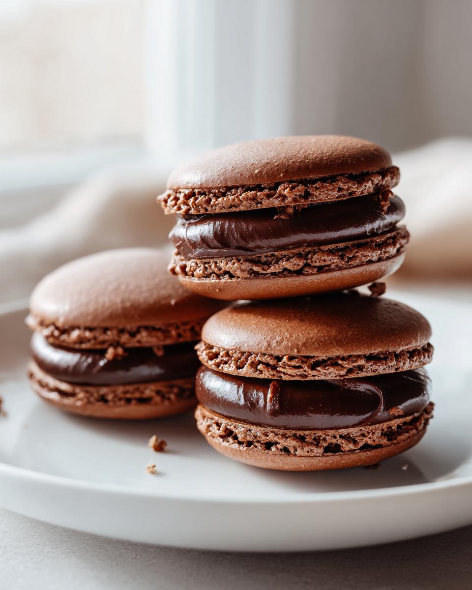 Three perfectly formed, rich brown chocolate macarons stacked and displayed on a white plate.