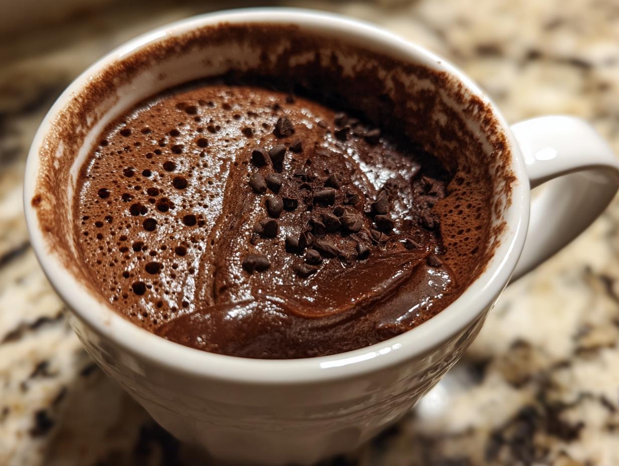 Close-up of rich, airy chocolate mousse topped with chocolate shavings in a white mug.