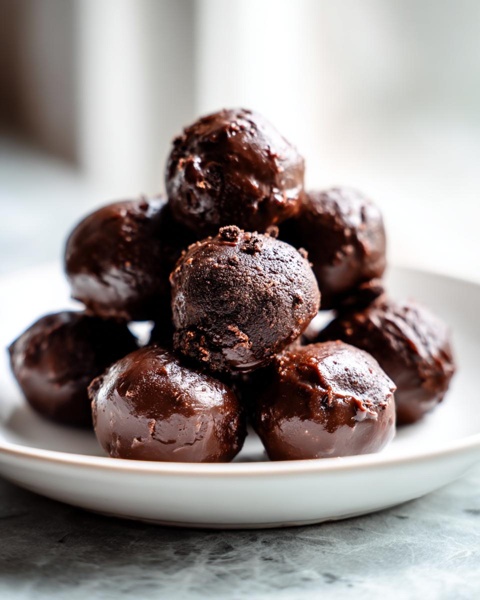 A close-up stack of decadent, chocolate-coated Oreo balls piled high on a small white dish.