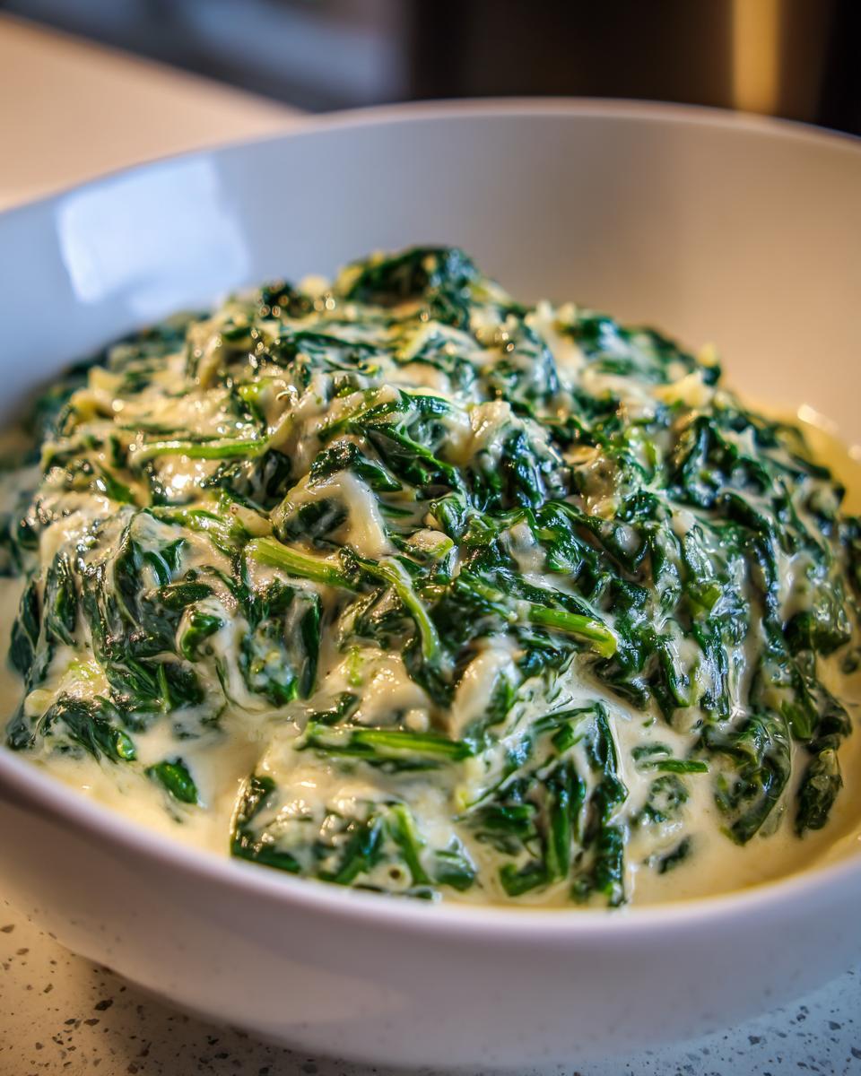 Close-up of rich, homemade creamed spinach recipe served in a white bowl, showing vibrant green spinach coated in a thick, creamy sauce.