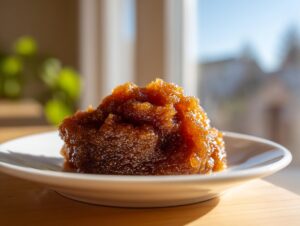 A close-up of a rich, dark brown scoop of homemade pear butter served on a small white plate.