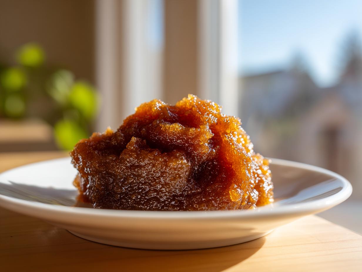 A close-up of a rich, dark brown scoop of homemade pear butter served on a small white plate.