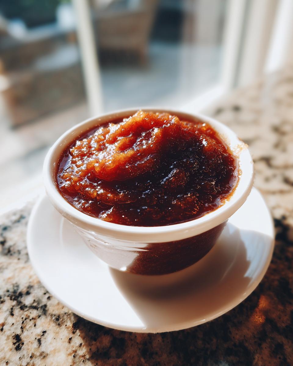 A close-up of rich, dark brown pear butter served in a small white ramekin on a saucer.