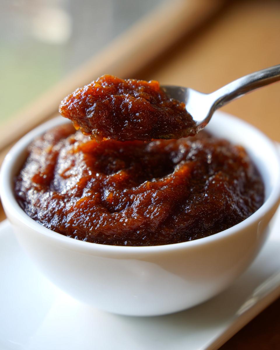 A spoonful of thick, dark brown pear butter being lifted from a white bowl.