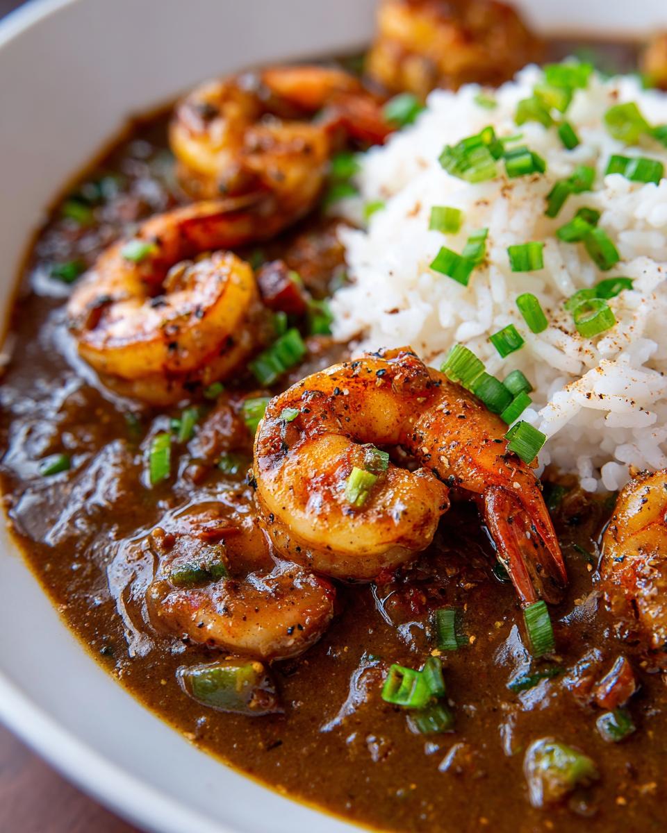 Close-up of rich, dark shrimp etouffee with plump seasoned shrimp served next to fluffy white rice and topped with green onions.