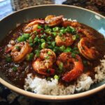 Close-up of a bowl of rich, dark shrimp etouffee served over fluffy white rice and topped with chopped green onions.