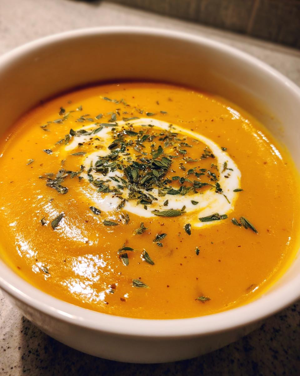 Close-up of vibrant orange roasted butternut squash soup topped with cream swirl and herbs.