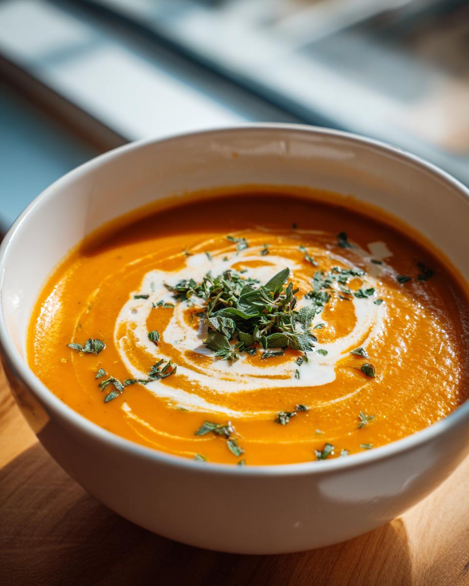 Close-up of vibrant orange roasted butternut squash soup topped with a cream swirl and fresh herbs.
