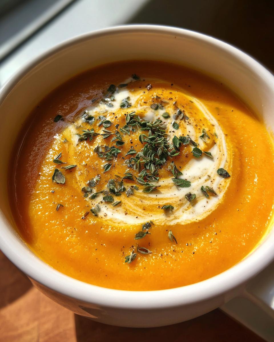 Close-up of vibrant orange roasted butternut squash soup topped with a swirl of cream and fresh thyme.