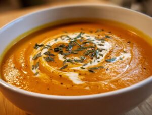 Close-up of creamy roasted butternut squash soup, swirled with cream and topped with fresh herbs.
