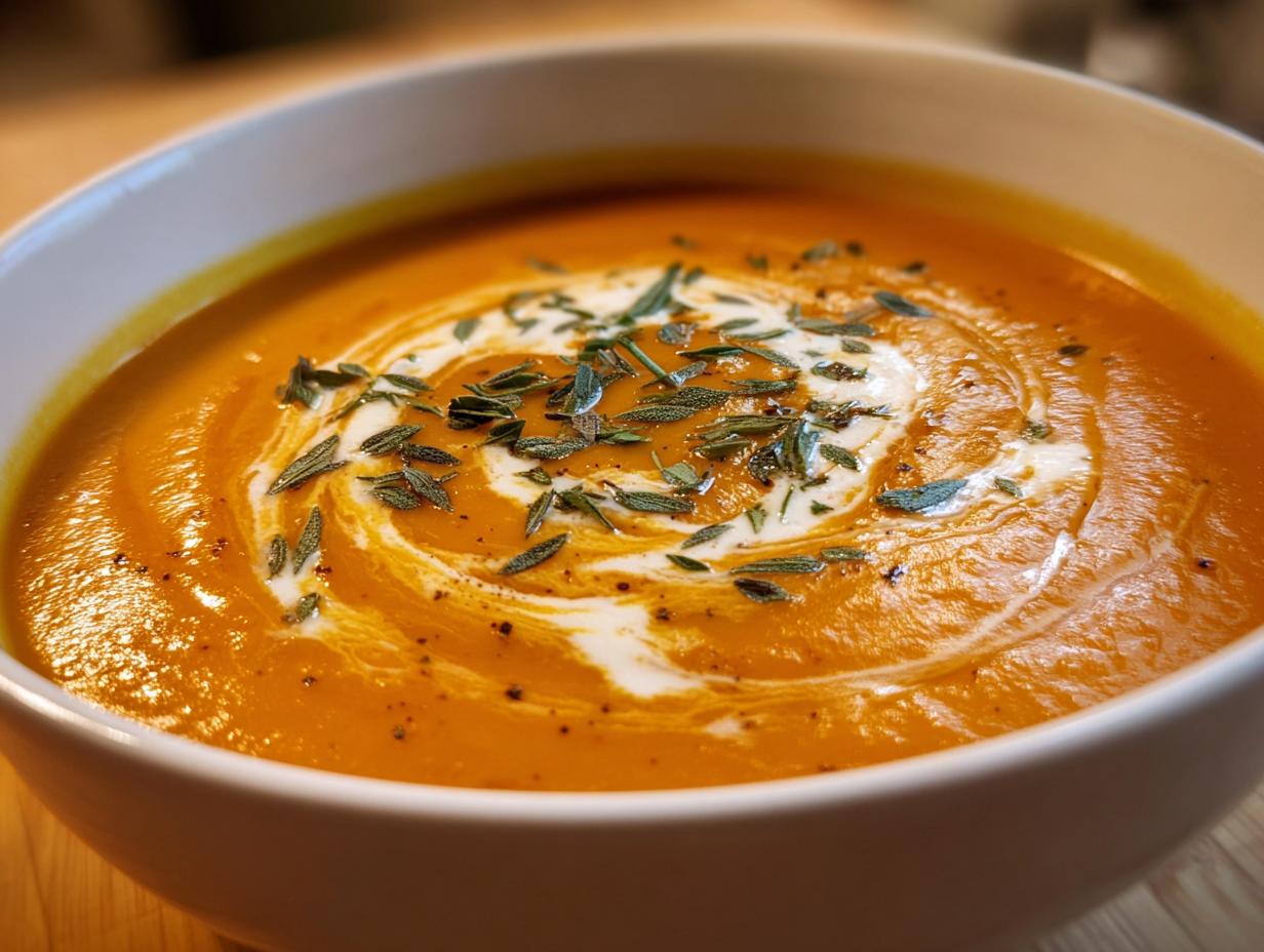 Close-up of creamy roasted butternut squash soup, swirled with cream and topped with fresh herbs.