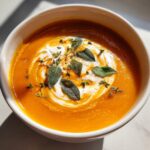 A close-up of vibrant orange roasted butternut squash soup topped with a swirl of cream, fresh sage leaves, and thyme.