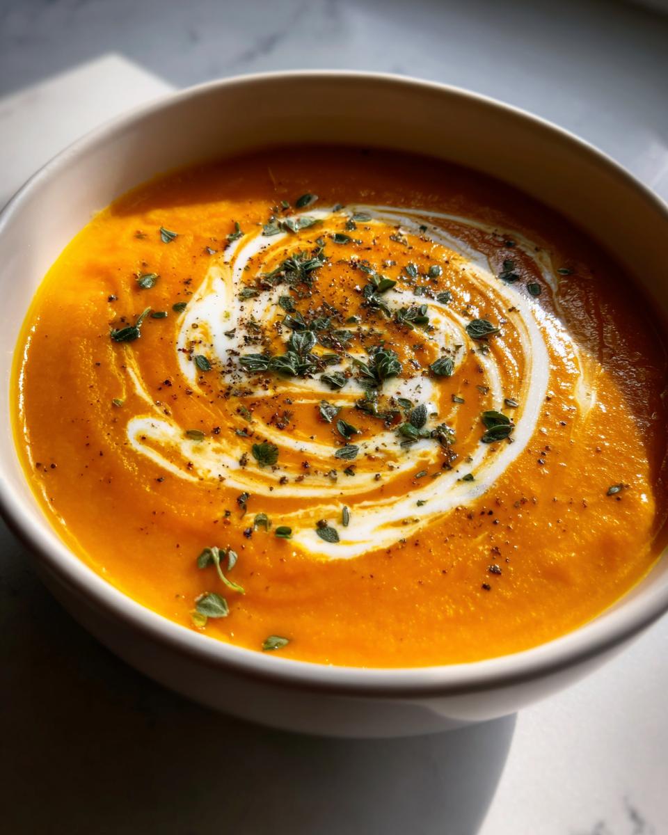 Close-up of vibrant orange roasted butternut squash soup swirled with cream and topped with fresh thyme.