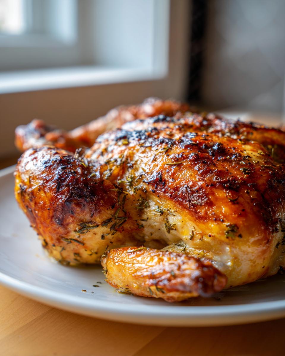 Close-up of a whole, beautifully roasted spatchcock chicken with golden-brown, herb-crusted skin resting on a white plate.