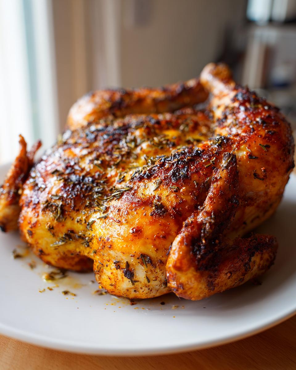 A whole, beautifully roasted spatchcock chicken with crispy, golden-brown skin seasoned with herbs, resting on a white plate.
