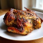 A whole roasted spatchcock chicken with crispy, golden-brown skin seasoned with herbs, resting on a white plate.
