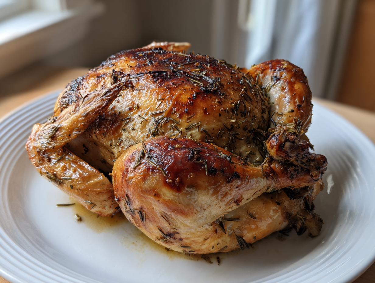A whole, beautifully roasted spatchcock chicken with golden-brown, herb-crusted skin resting on a white plate.
