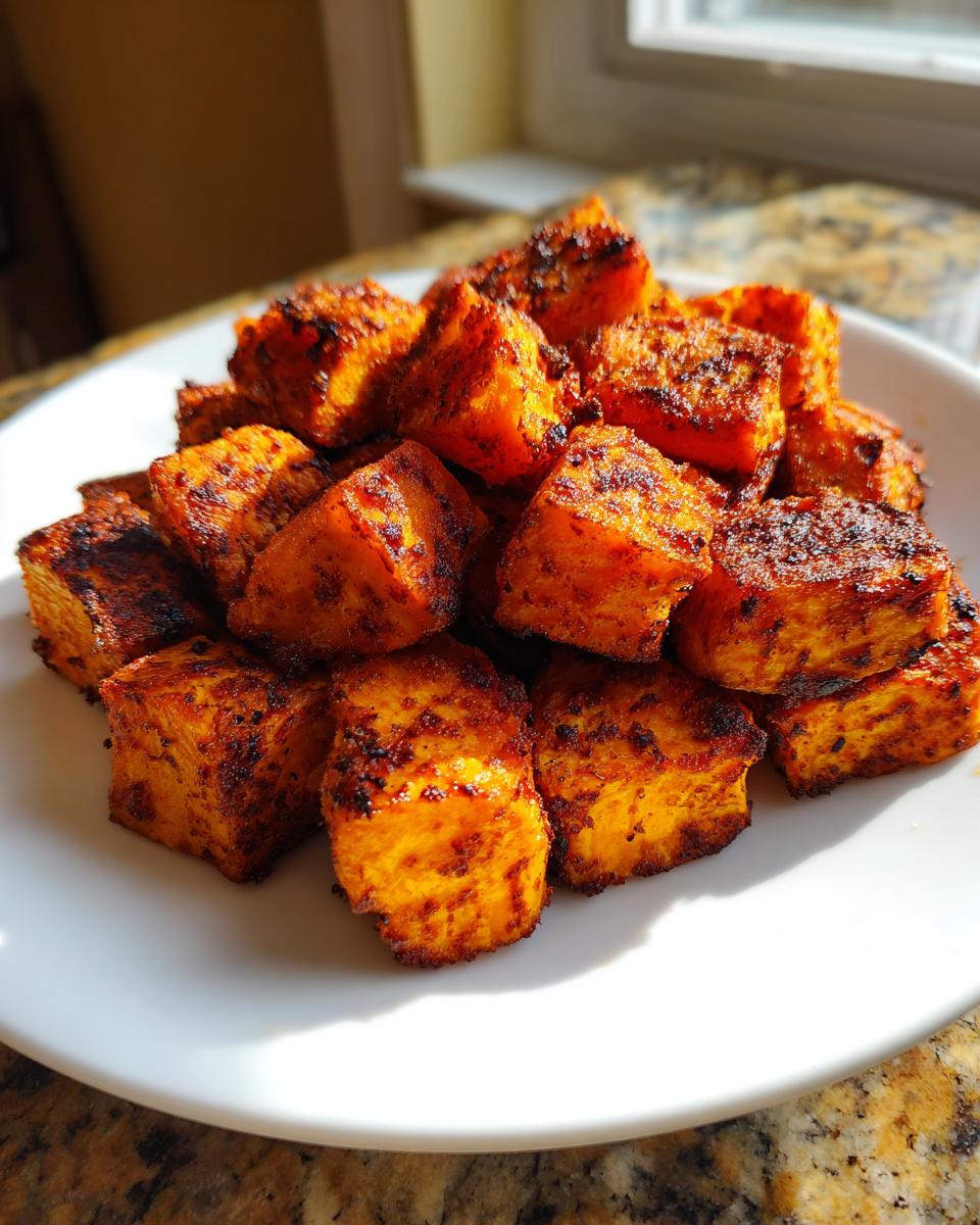 A pile of perfectly seasoned and caramelized roasted sweet potato cubes served on a white plate.
