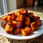 A close-up of perfectly caramelized and roasted sweet potato cubes piled high on a white plate.