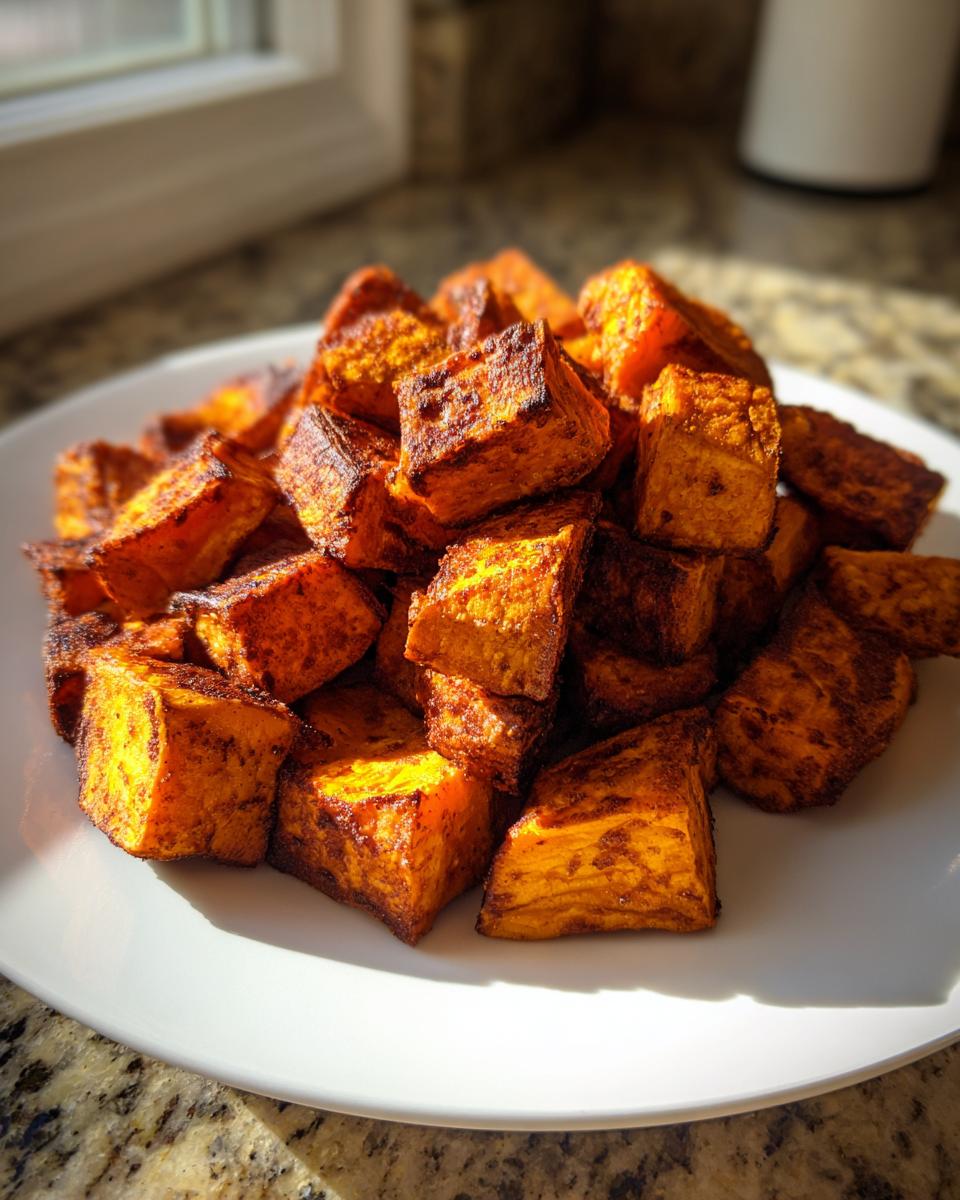 A close-up of perfectly caramelized, cubed roasted sweet potato piled high on a white plate.