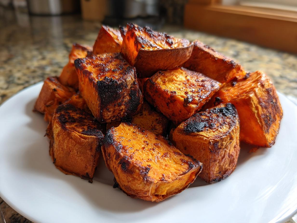 A pile of deeply caramelized and slightly charred roasted sweet potatoes served on a white plate.