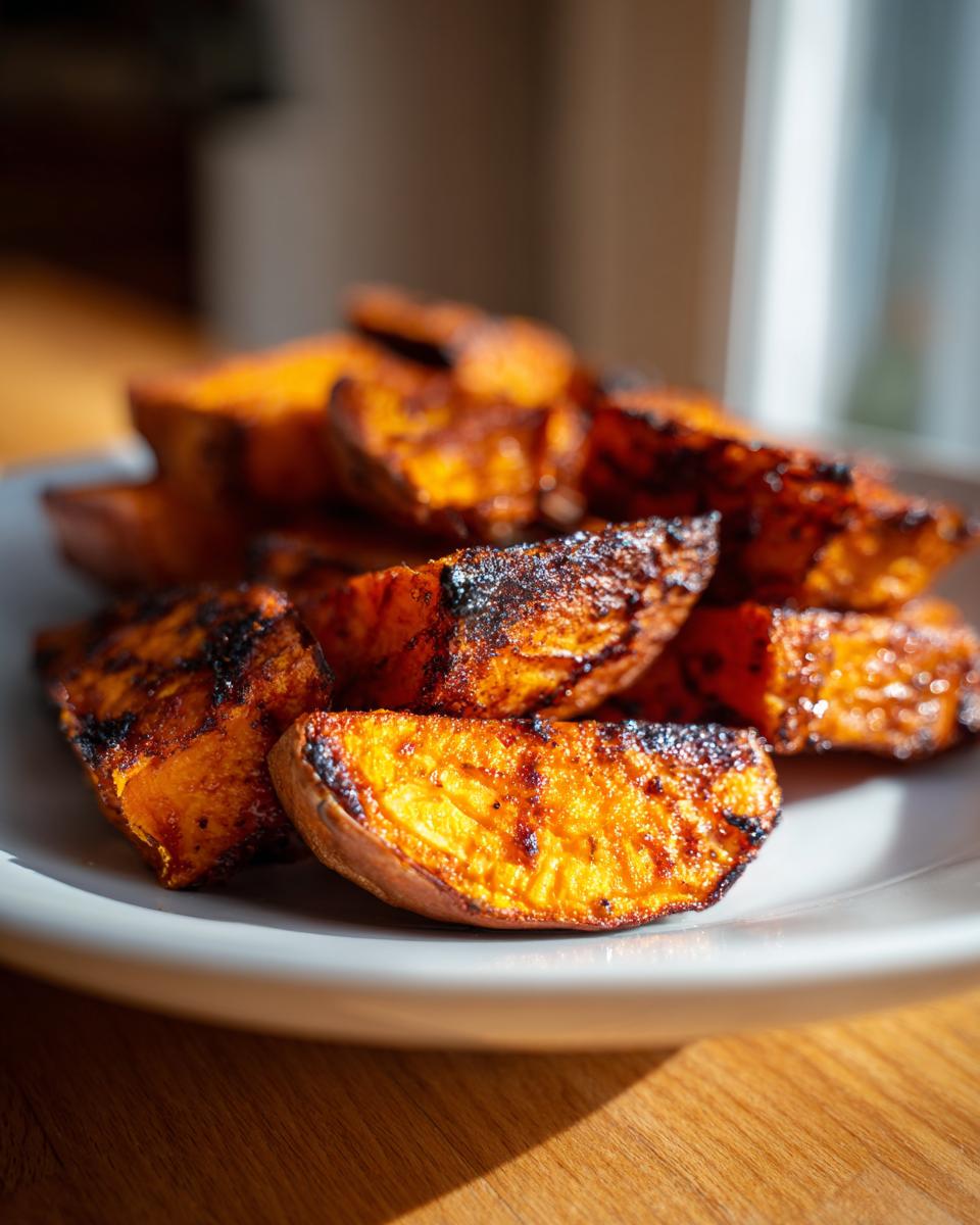 Close-up of caramelized and slightly charred roasted sweet potatoes wedges on a white plate.