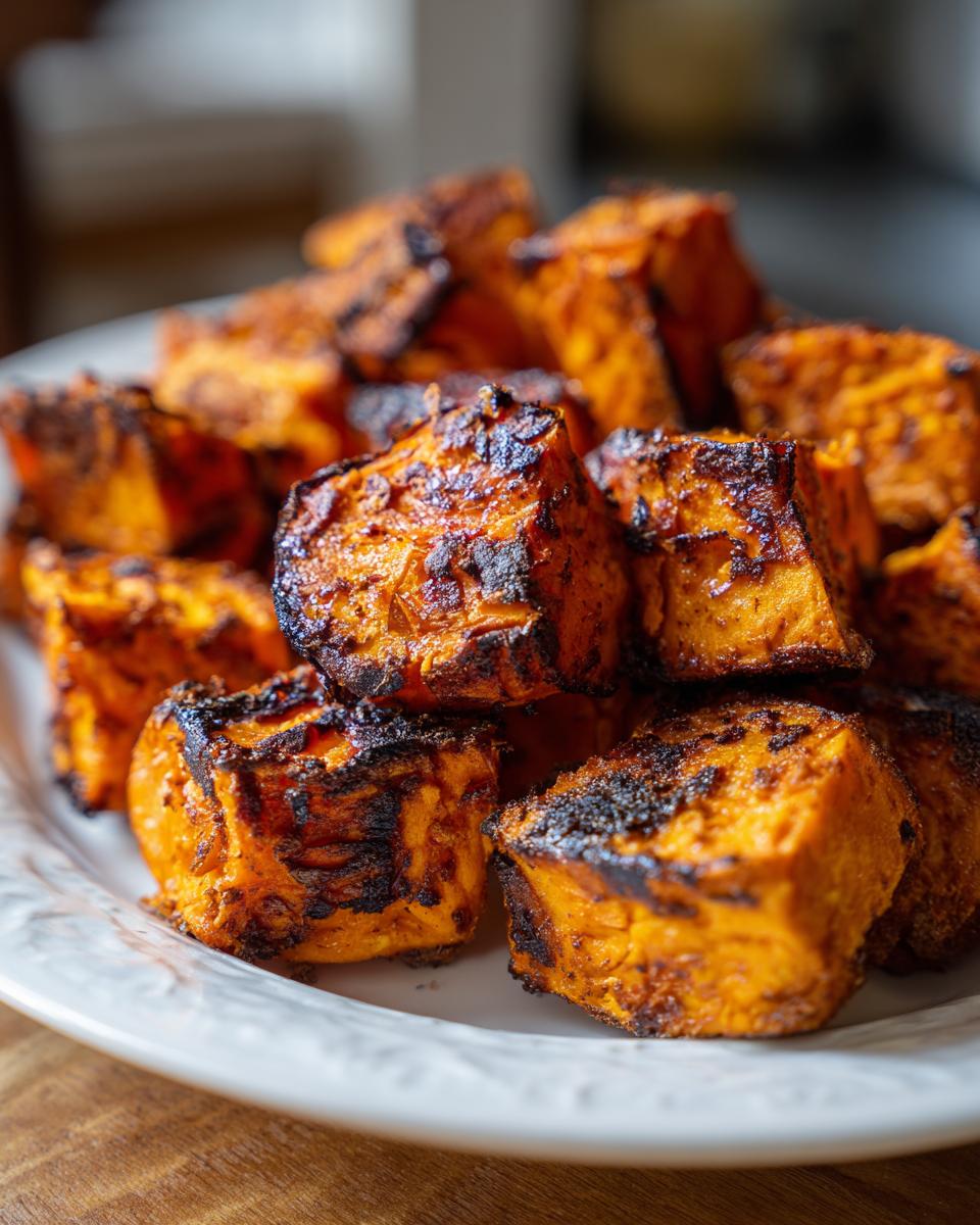 Close-up of perfectly caramelized and slightly charred roasted sweet potatoes chunks piled on a white plate.