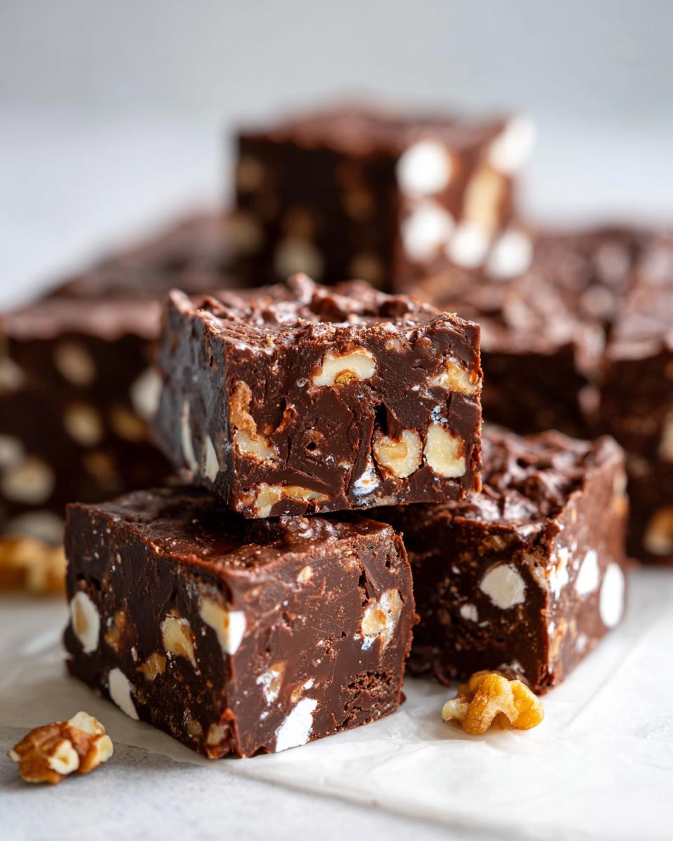 Stack of rich, dark chocolate rocky road fudge squares filled with marshmallows and walnuts.