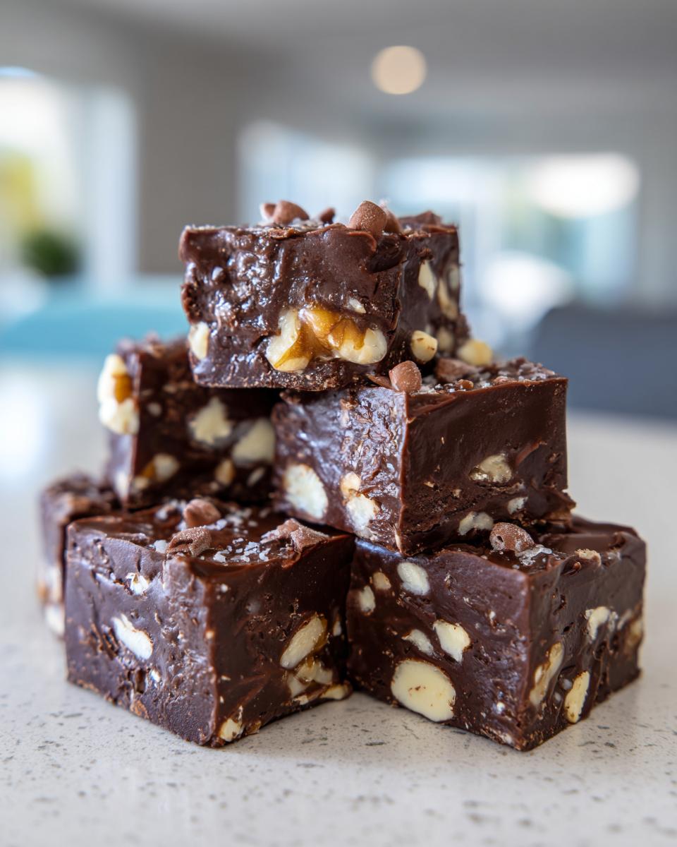 A stack of rich, dark chocolate rocky road fudge squares loaded with nuts and topped with chocolate chips.