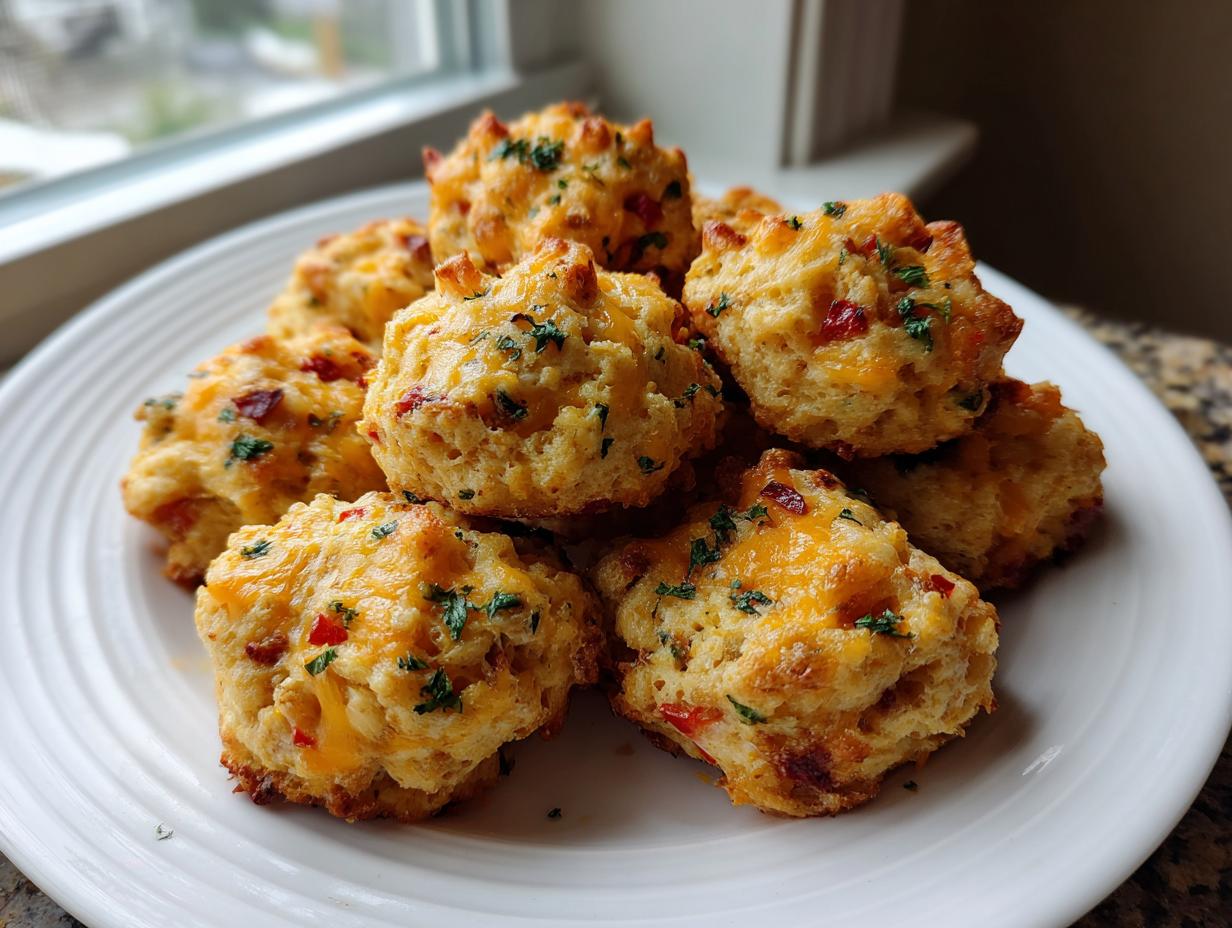 A pile of golden brown rotel cream cheese sausage balls topped with melted cheddar and parsley on a white plate.
