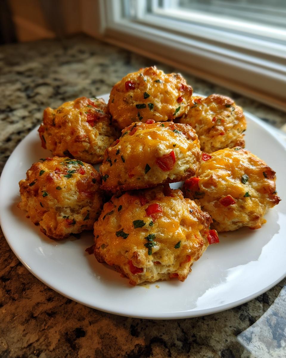 A stack of freshly baked rotel cream cheese sausage balls topped with melted cheddar cheese and green herbs.