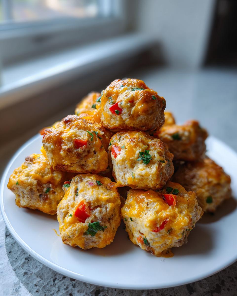 A stack of freshly baked rotel cream cheese sausage balls topped with melted cheddar cheese and green herbs.
