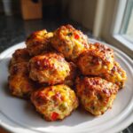 A pile of freshly baked rotel cream cheese sausage balls with melted, browned cheese topping.