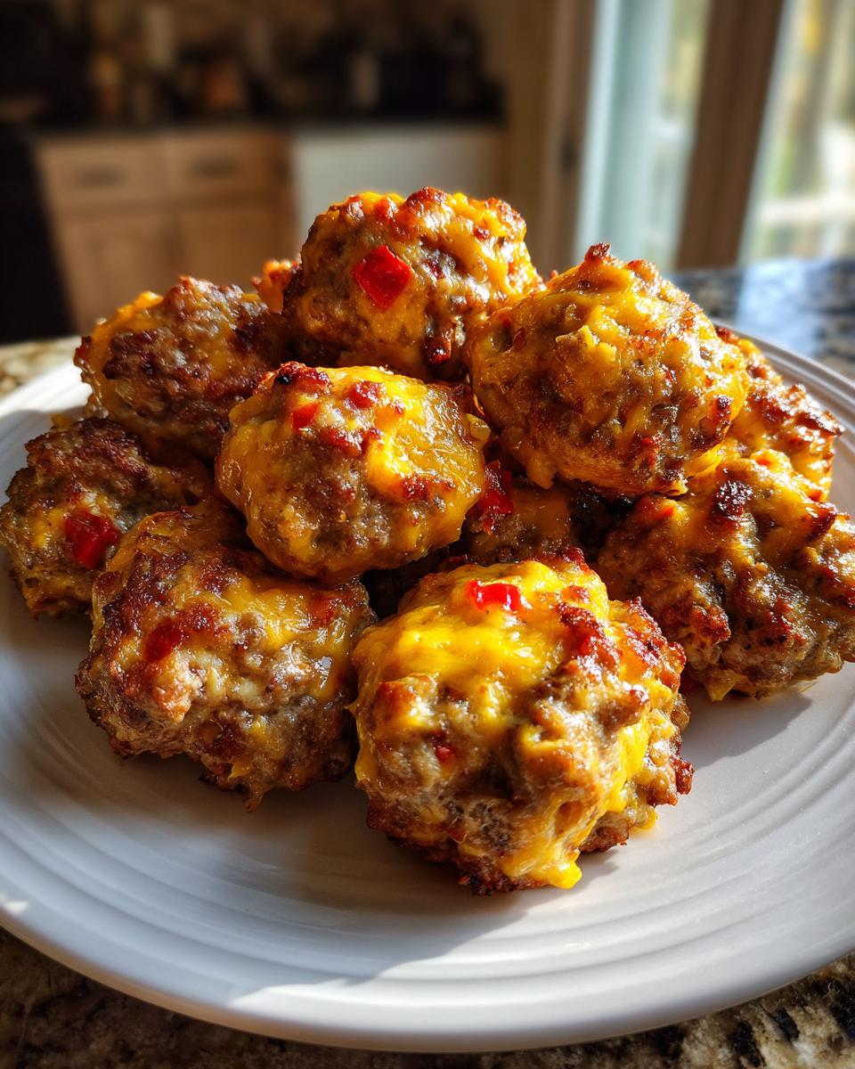 A pile of freshly baked rotel cream cheese sausage balls, golden brown with melted cheese and visible red peppers.