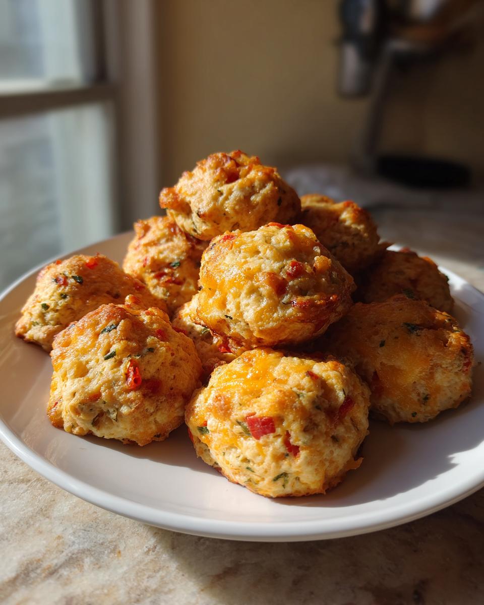 A pile of freshly baked rotel cream cheese sausage balls with visible red peppers and melted cheese on a white plate.