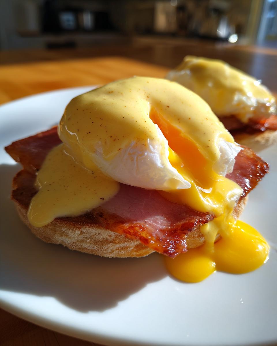 Close-up of a perfectly made Eggs Benedict with runny yolk spilling over bacon and English muffin.