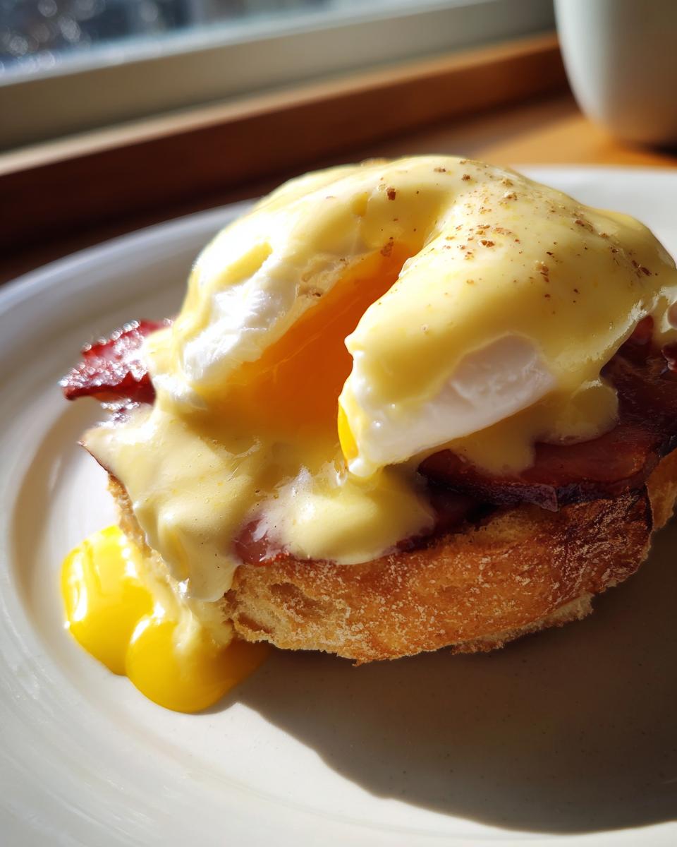 Close-up of a perfectly made eggs benedict with runny yolk spilling out under rich hollandaise sauce.