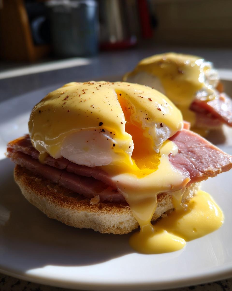Close-up of a classic eggs benedict with a runny yolk spilling out from the poached egg onto ham and toast.